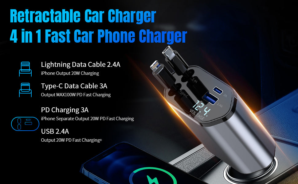 120W 4 in 1 Fast Retractable Car Charger electric Car portable charger car