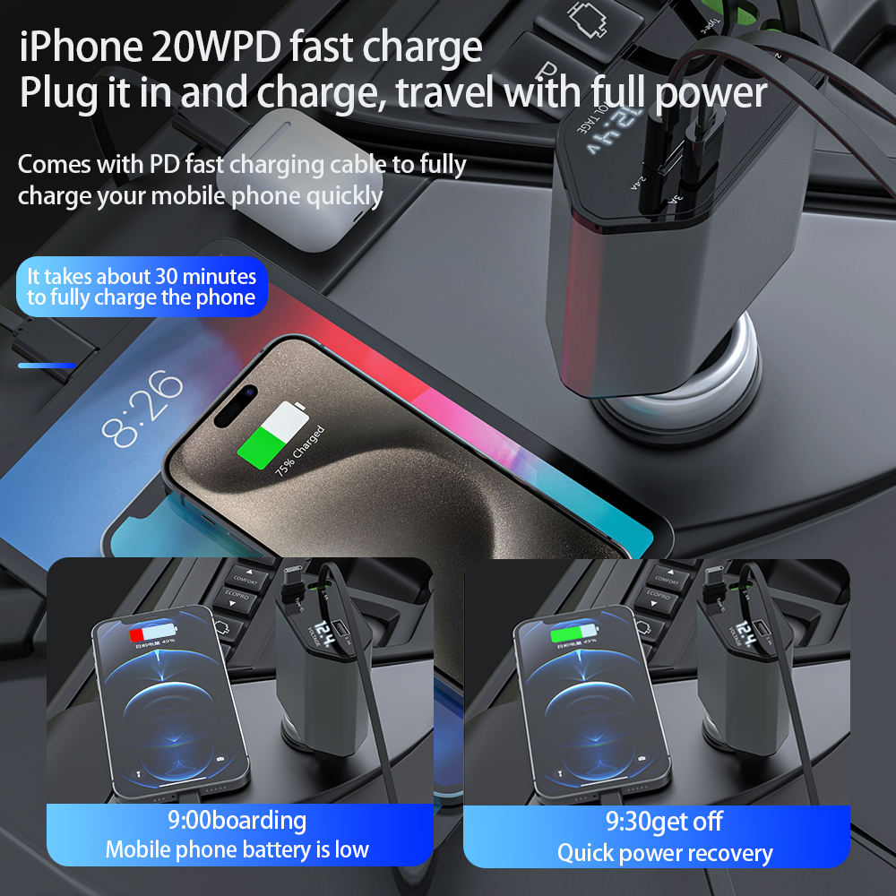 120W 4 in 1 Fast Retractable Car Charger electric Car portable charger car