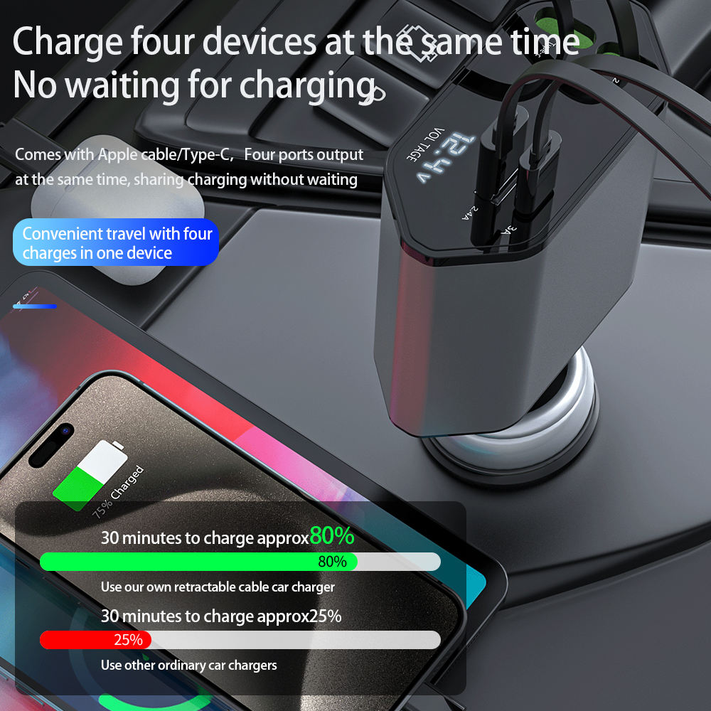 120W 4 in 1 Fast Retractable Car Charger electric Car portable charger car