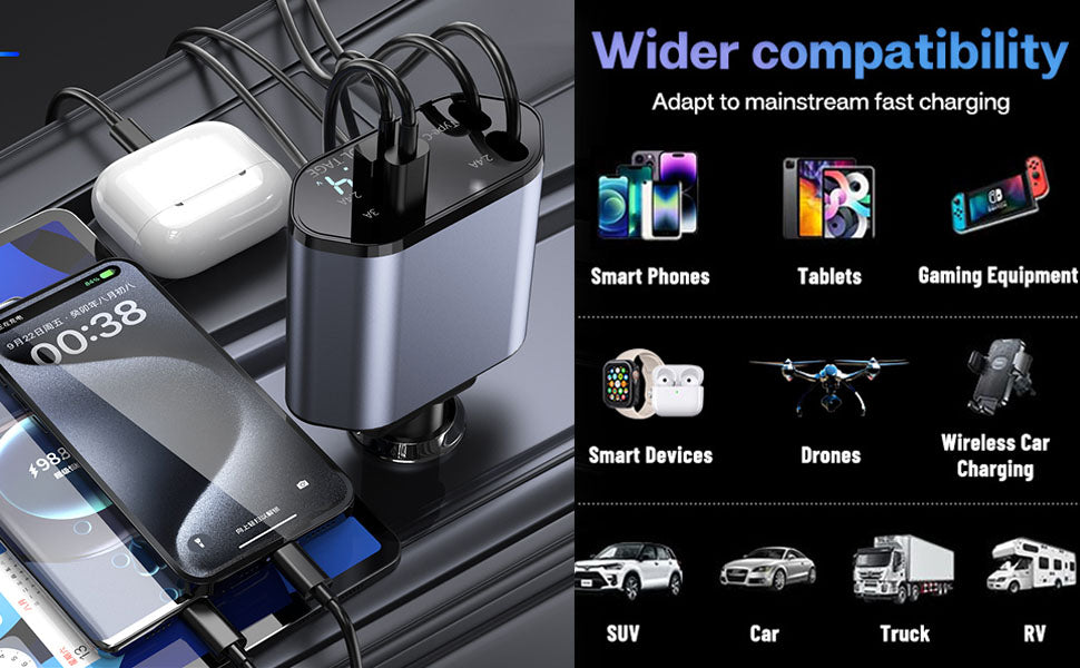 120W 4 in 1 Fast Retractable Car Charger electric Car portable charger car