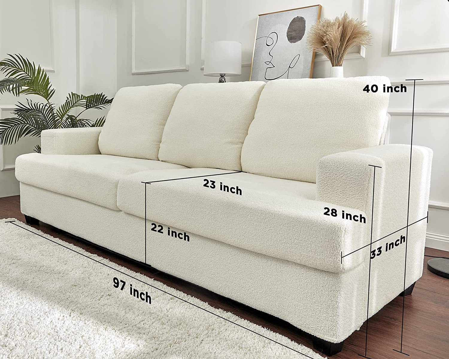 Sofa, Deep Seat Sofa, 3 Seater Sofa for Living Room-Oversized Sofa, Off-White Boucle