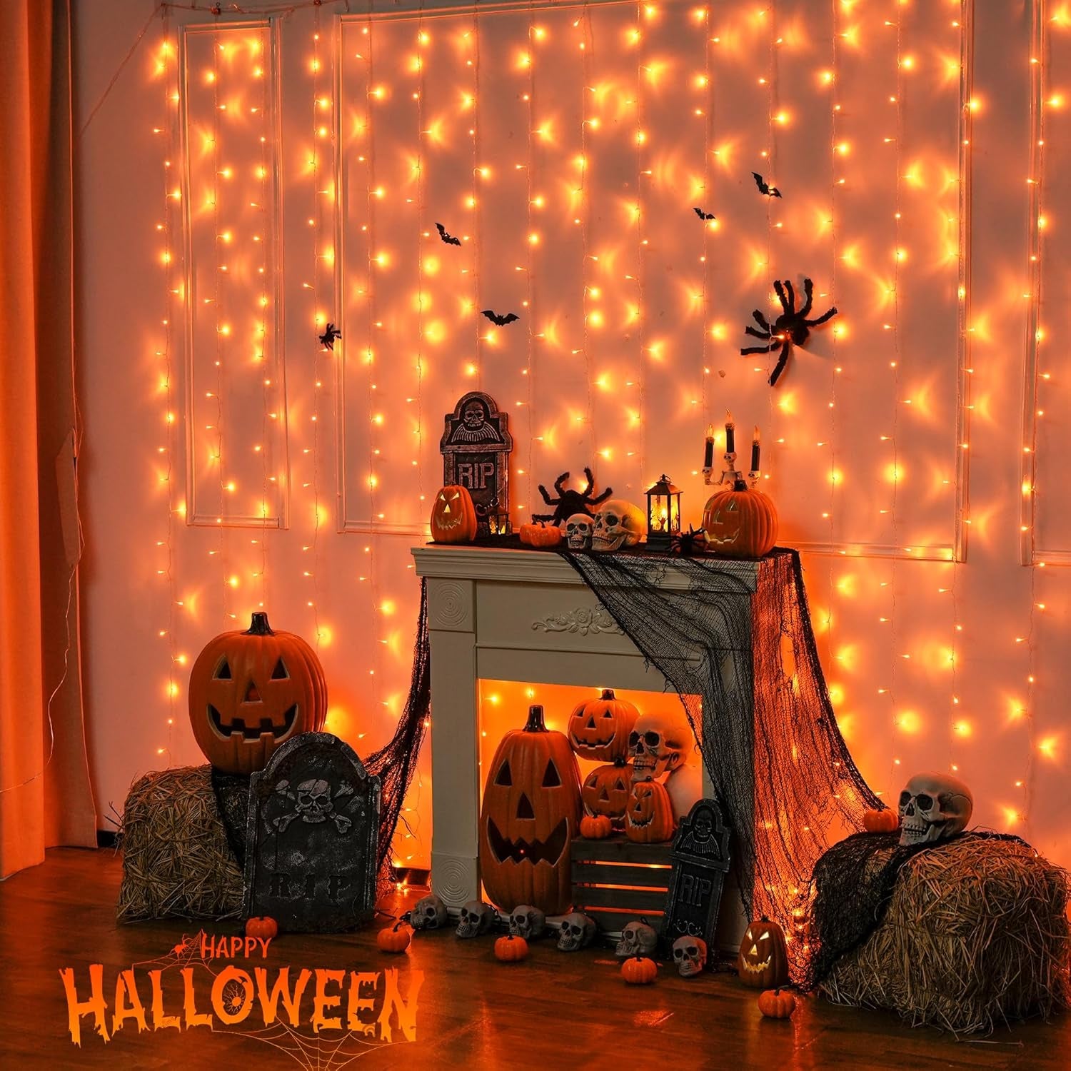 300LED Halloween Curtain Lights with Remote, 8 Modes Orange Hanging String Lights Plug in for Fall Bedroom Party Halloween Decor, 9.8X9.8Ft