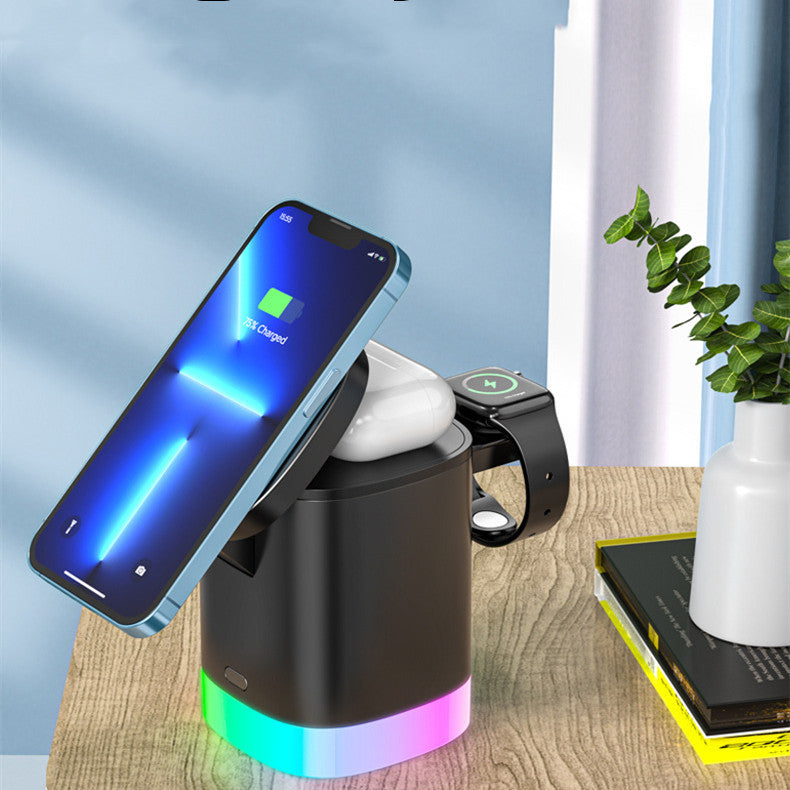 Chargeur rapide magnétique sans fil 3 en 1, pour smartphone, Station de charge à lumière ambiante RGB, pour Airpods IWatch