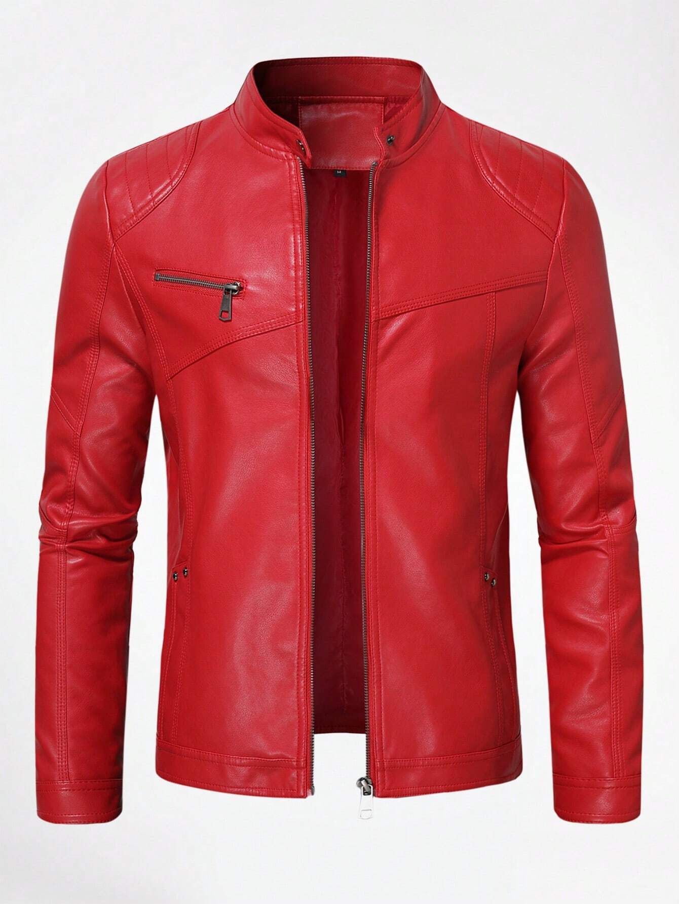 Men Zip Up PU Leather Solid Jacket