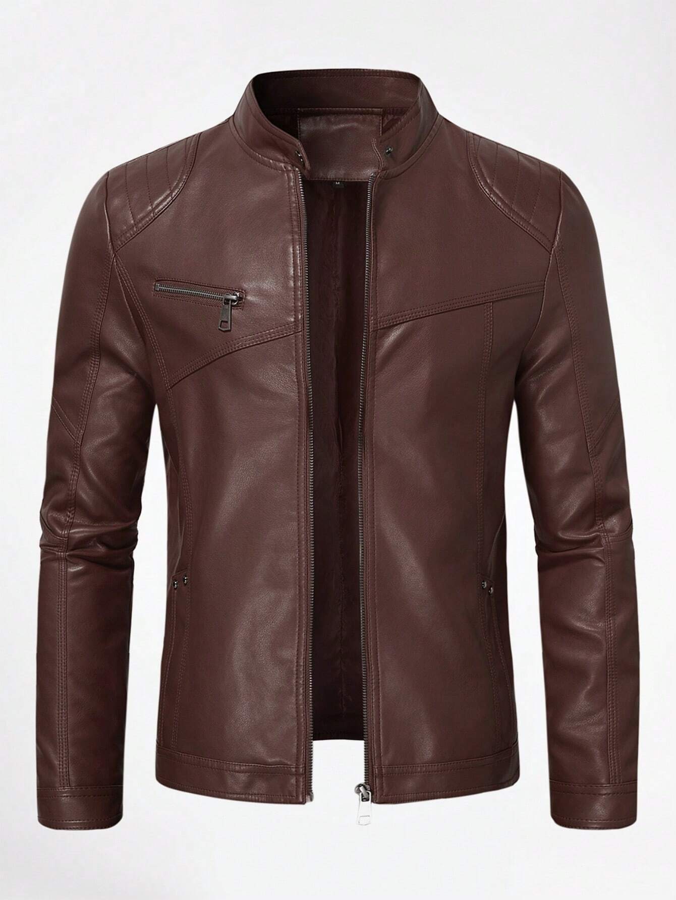 Men Zip Up PU Leather Solid Jacket