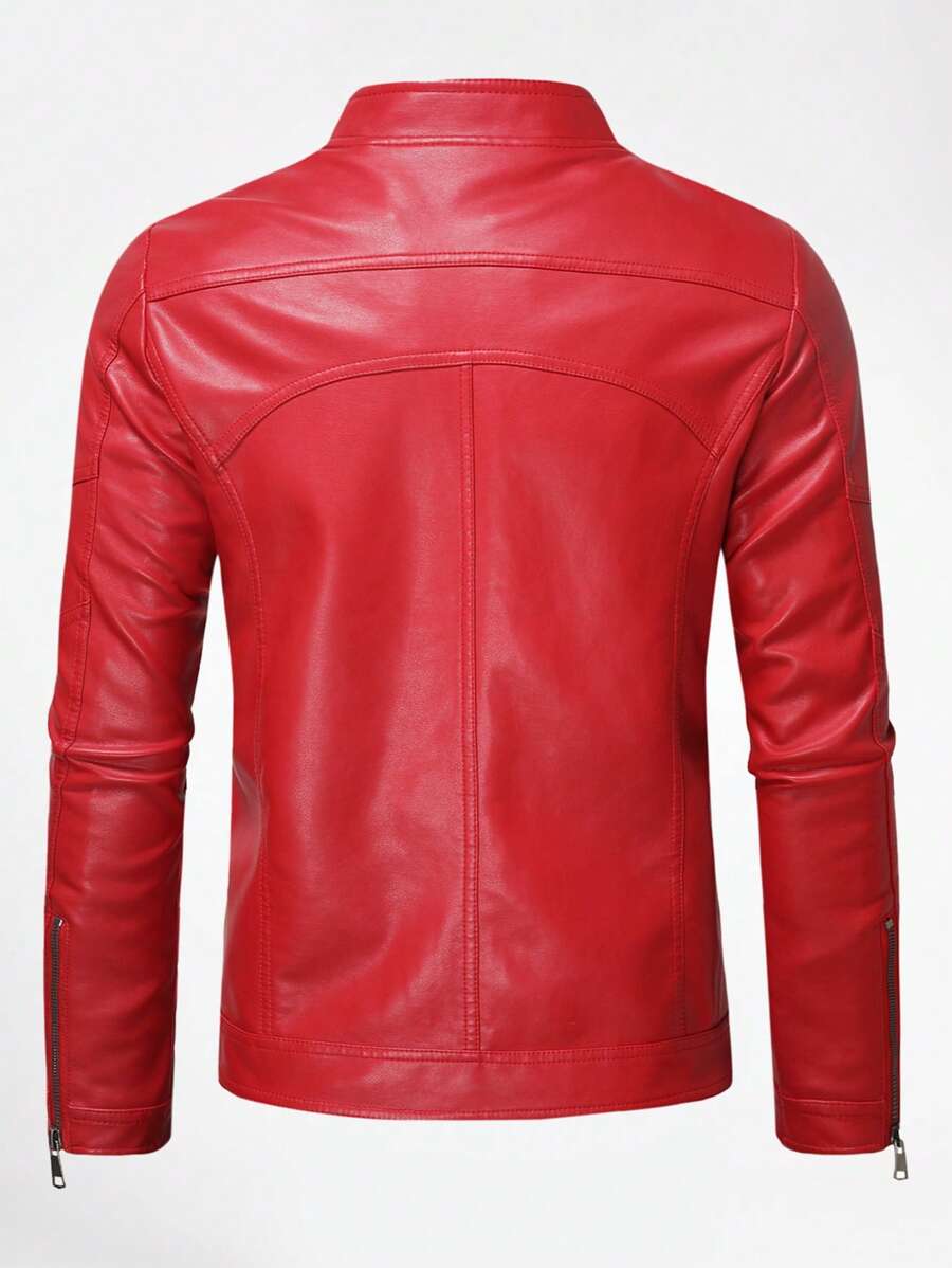 Men Zip Up PU Leather Solid Jacket