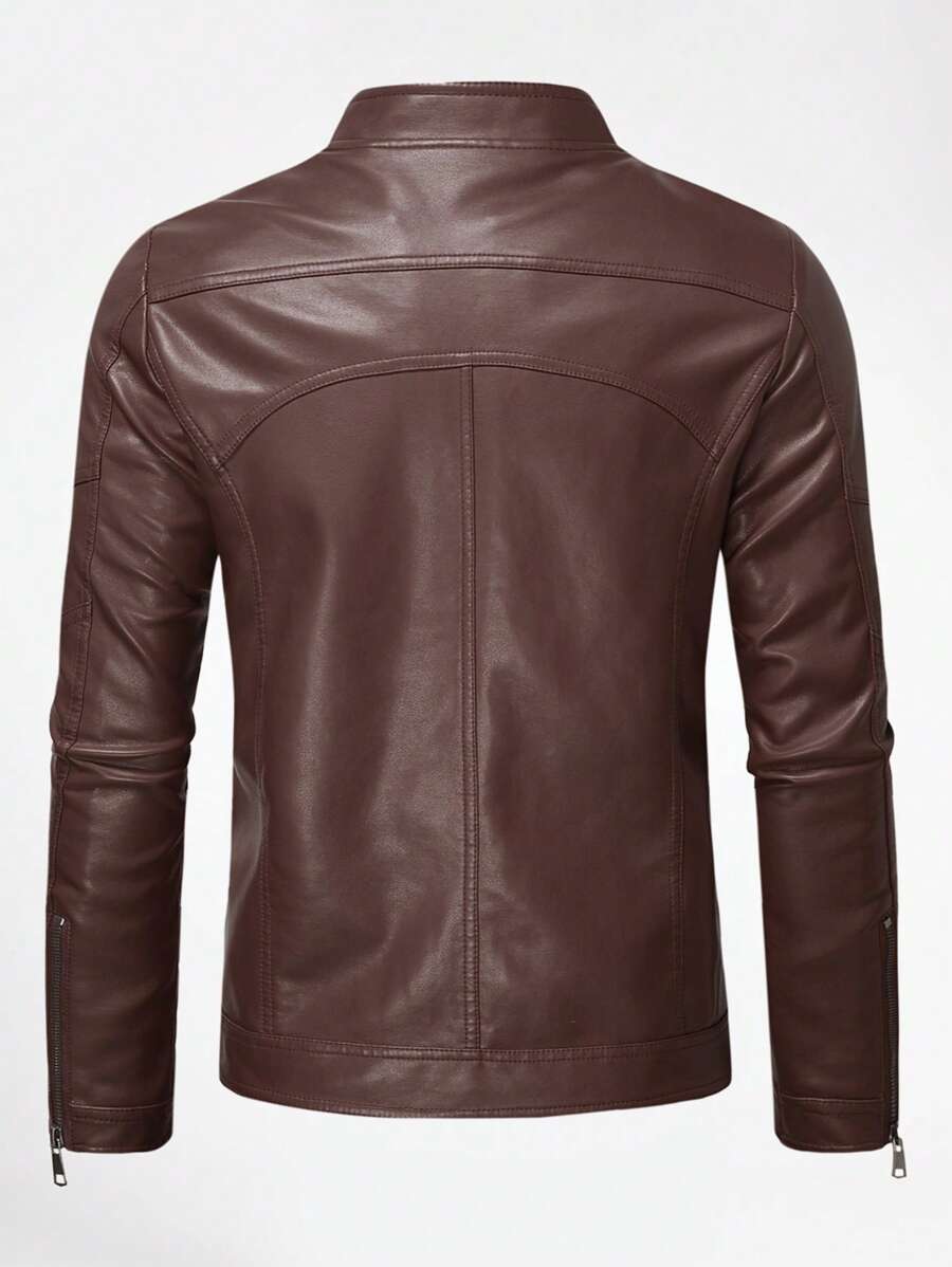 Men Zip Up PU Leather Solid Jacket