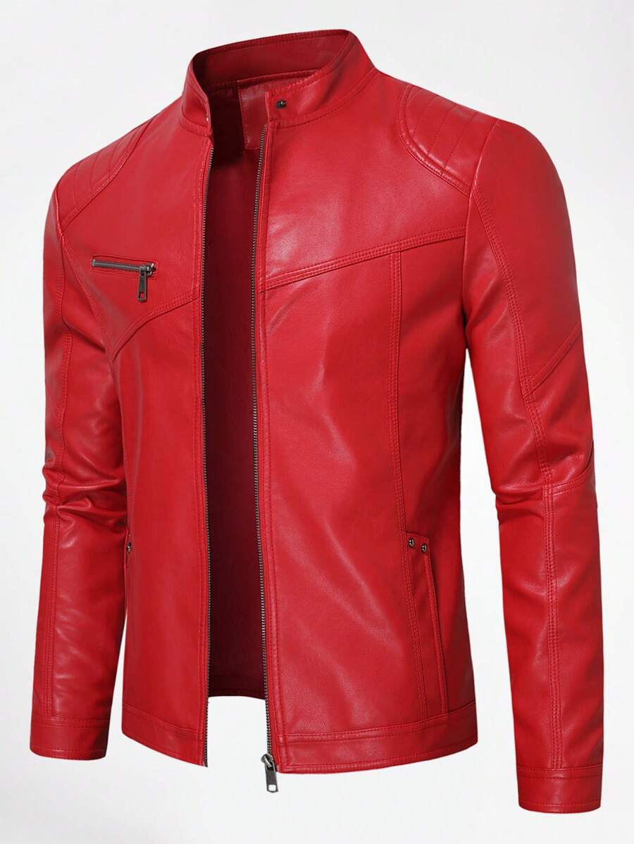 Men Zip Up PU Leather Solid Jacket