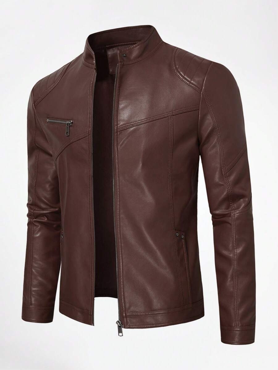 Men Zip Up PU Leather Solid Jacket