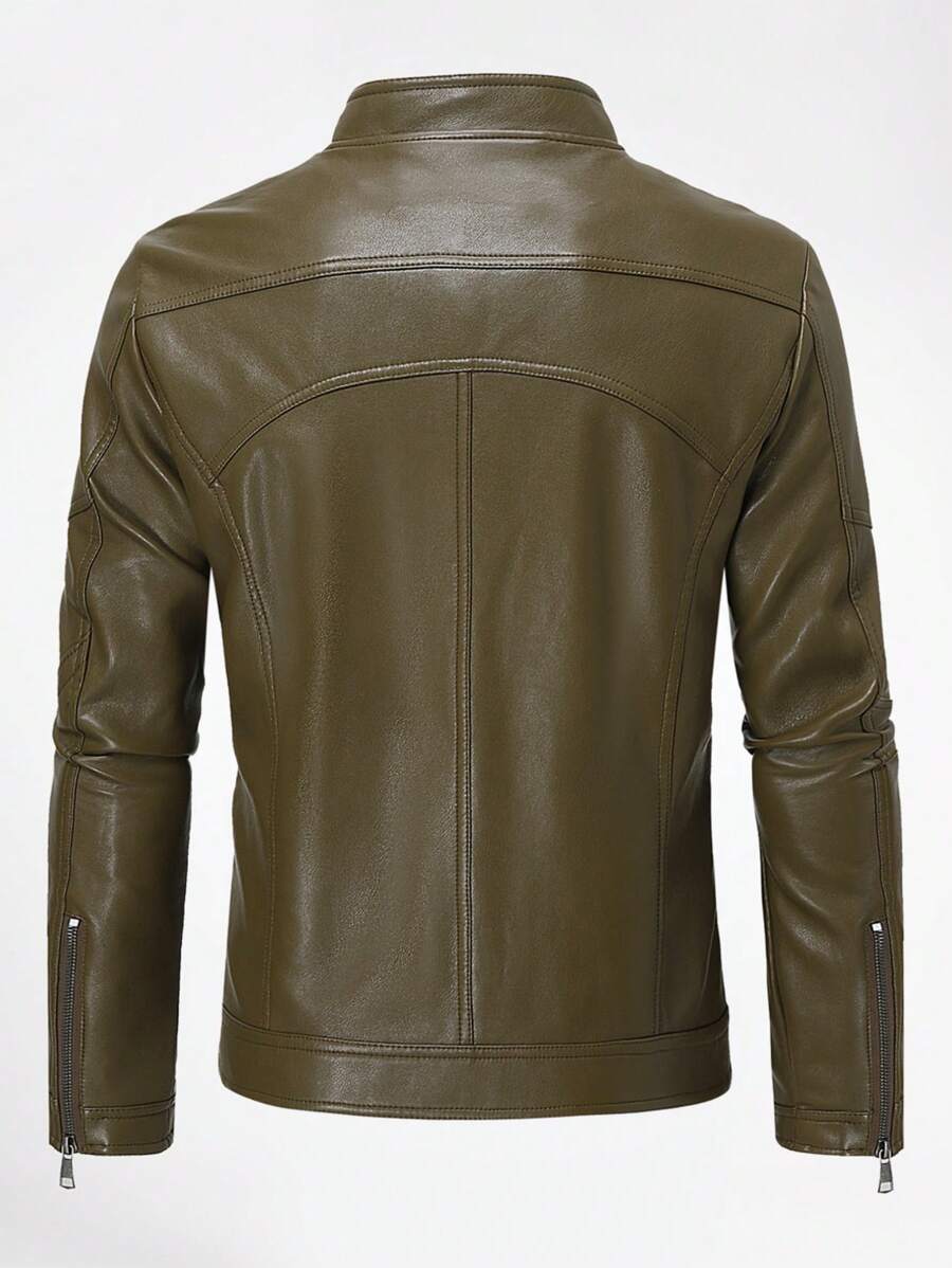 Men Zip Up PU Leather Solid Jacket