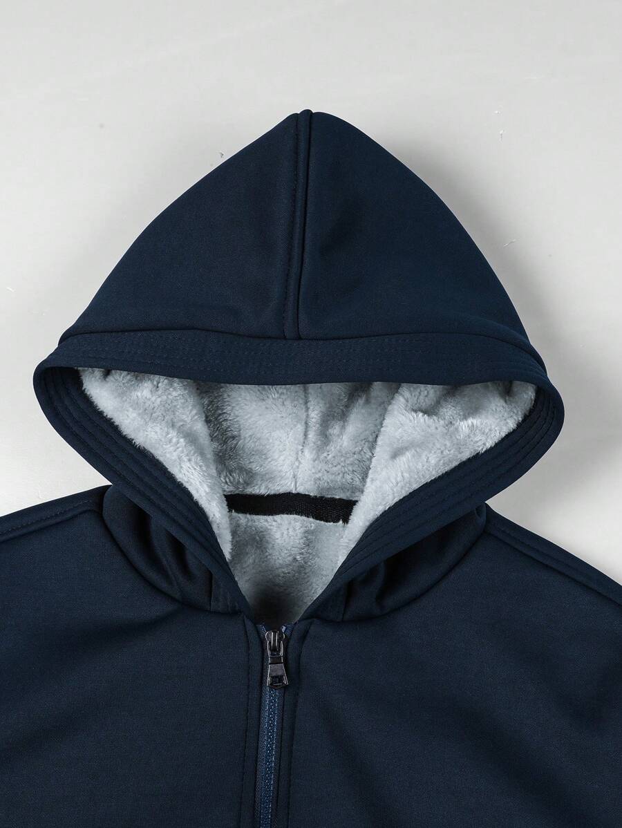 Men Teddy Lined Zip Up Hooded Jacket