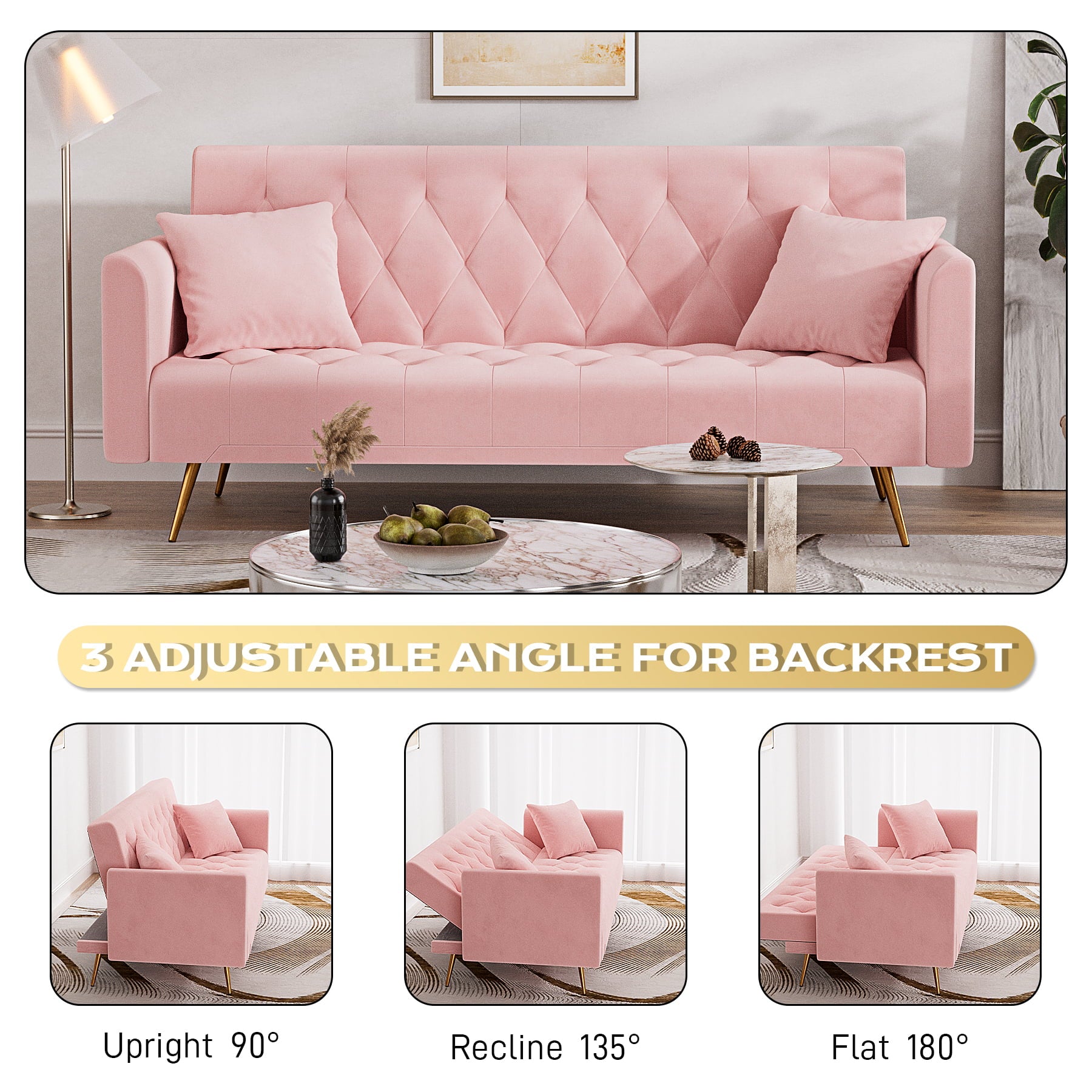 Velvet Futon Sofa Bed with 2 Pillows, Variable Bed Sofa Multifunctional Folding Sofa, 3 Position Adjustable Backrest Convertible Sleeper Sofa Couch for Living Room(Pink)