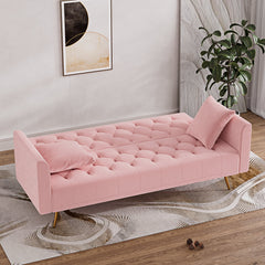 Velvet Futon Sofa Bed with 2 Pillows, Variable Bed Sofa Multifunctional Folding Sofa, 3 Position Adjustable Backrest Convertible Sleeper Sofa Couch for Living Room(Pink)