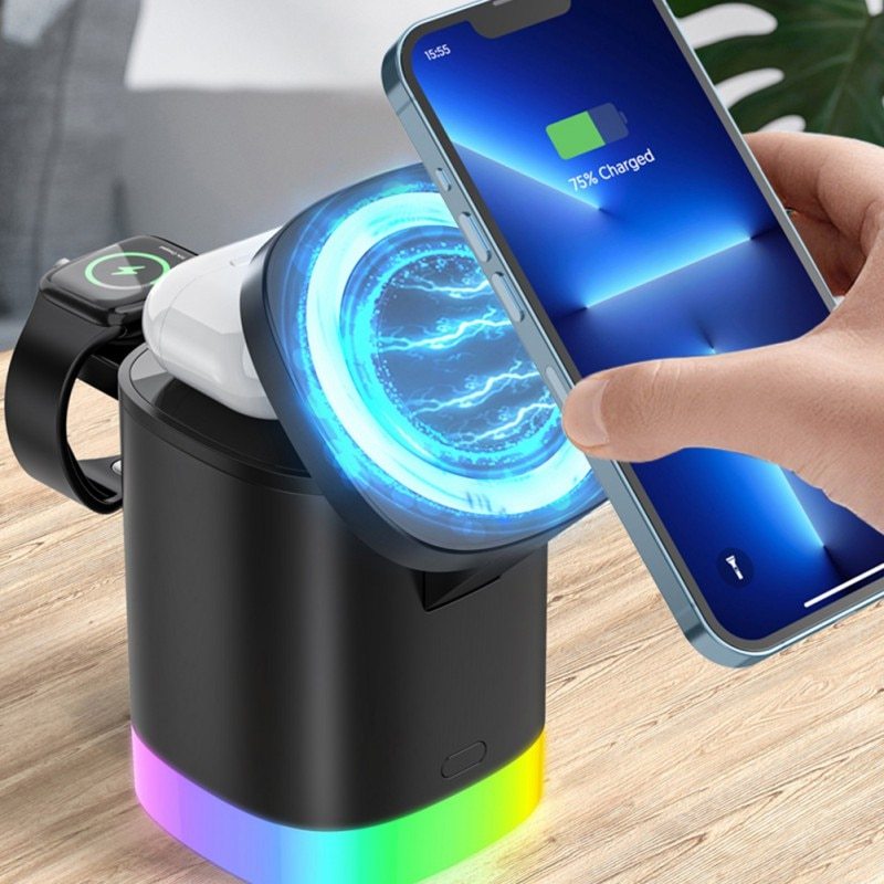 3 in 1 magnetisches kabelloses Schnellladegerät für Smartphones, RGB-Umgebungslicht-Ladestation für Airpods IWatch