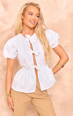 White Puff Sleeve Bow Tie Top