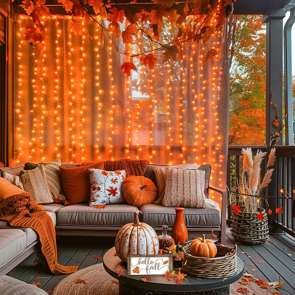 300LED Halloween Curtain Lights with Remote, 8 Modes Orange Hanging String Lights Plug in for Fall Bedroom Party Halloween Decor, 9.8X9.8Ft