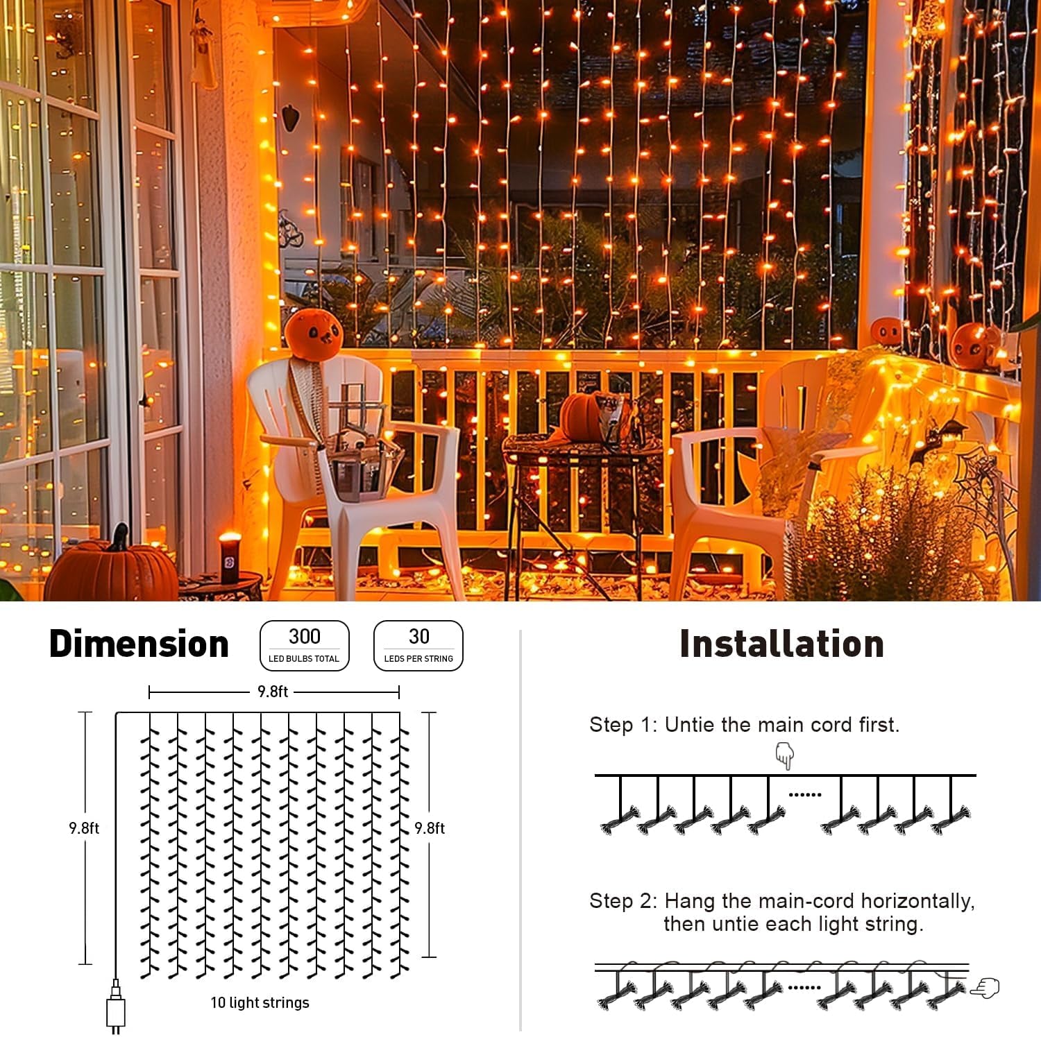 300LED Halloween Curtain Lights with Remote, 8 Modes Orange Hanging String Lights Plug in for Fall Bedroom Party Halloween Decor, 9.8X9.8Ft