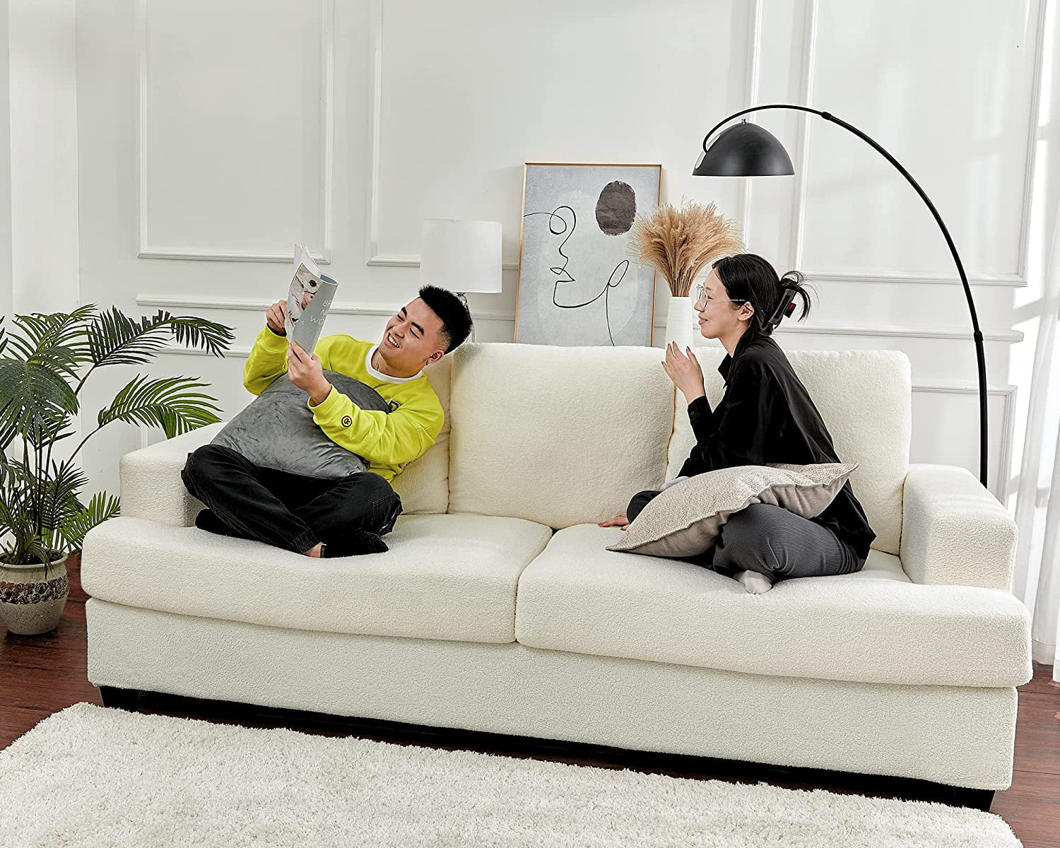 Sofa, Deep Seat Sofa, 3 Seater Sofa for Living Room-Oversized Sofa, Off-White Boucle