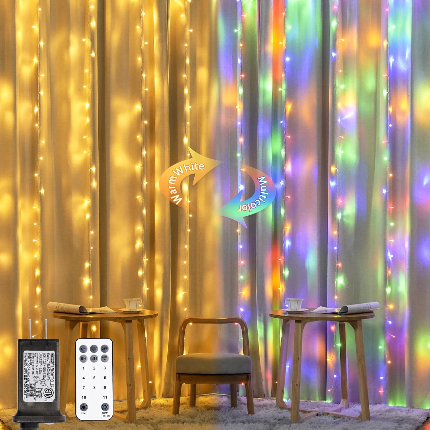 300LED Halloween Curtain Lights with Remote, 8 Modes Orange Hanging String Lights Plug in for Fall Bedroom Party Halloween Decor, 9.8X9.8Ft