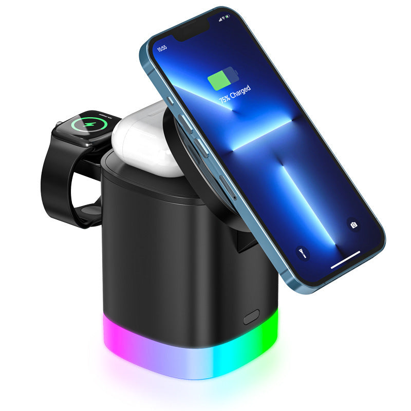 3 in 1 magnetisches kabelloses Schnellladegerät für Smartphones, RGB-Umgebungslicht-Ladestation für Airpods IWatch