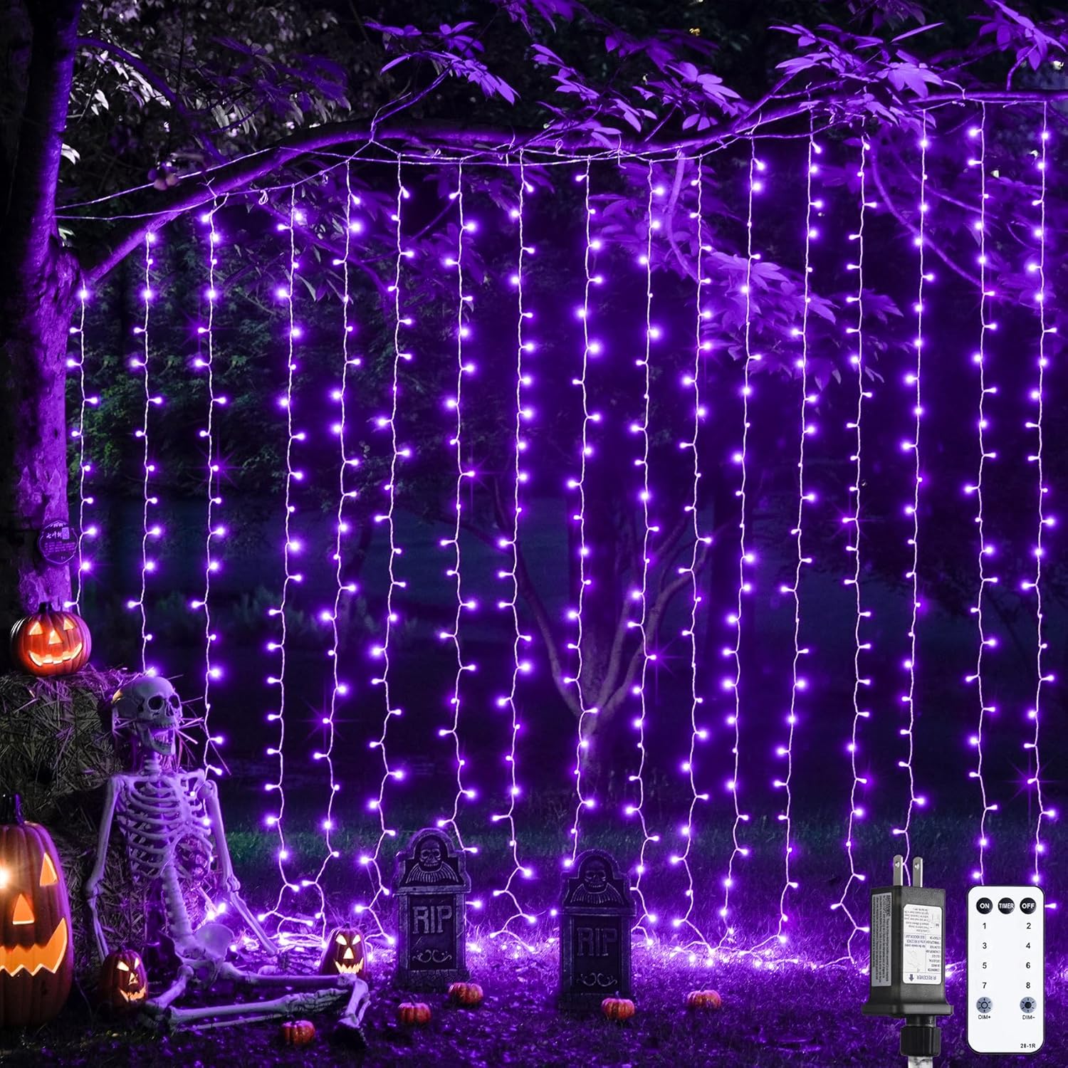 300LED Halloween Curtain Lights with Remote, 8 Modes Orange Hanging String Lights Plug in for Fall Bedroom Party Halloween Decor, 9.8X9.8Ft