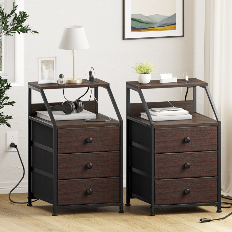 Sereena Nightstand with 3 Drawers & 2 USB Ports, Bedside Table with Outlets, Stable Metal FrameSereena Nightstand with 3 Drawers & 2 USB Ports