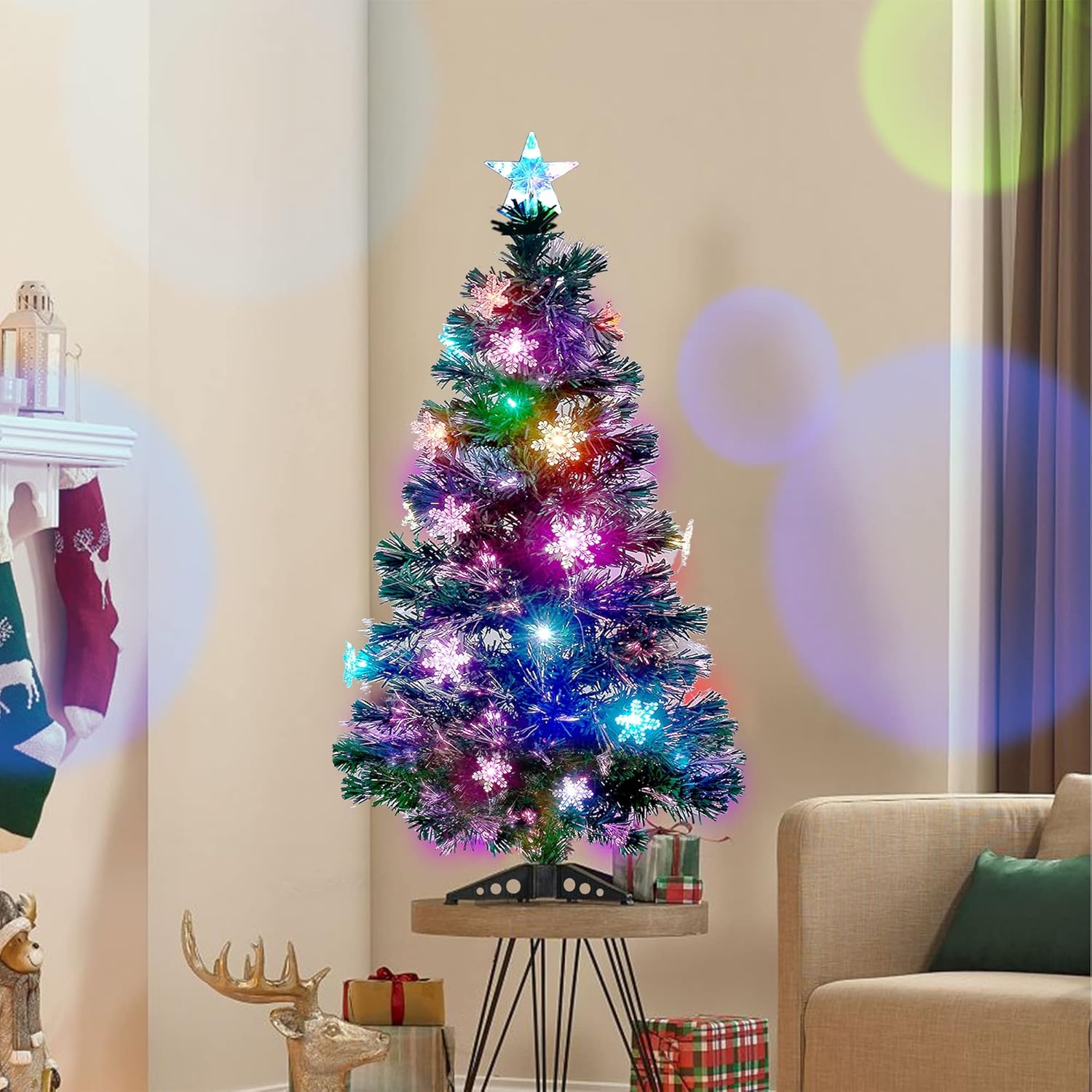 3ft to 7ft Pre-Lit Artificial Christmas Tree, Lighted Optical Fiber Xmas Trees with RGB Color Changing LED Lights, Snowflakes & Top Star, Festive Party Holiday Fake Multicolored Tree with Metal Legs