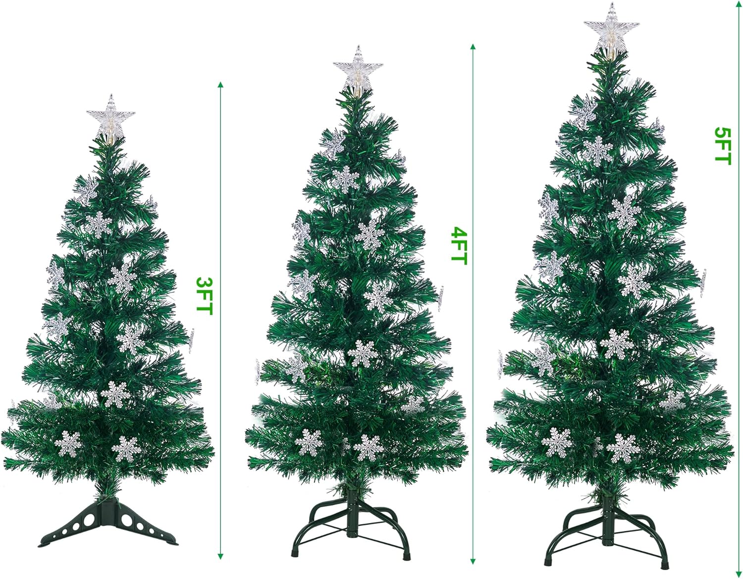 3ft to 7ft Pre-Lit Artificial Christmas Tree, Lighted Optical Fiber Xmas Trees with RGB Color Changing LED Lights, Snowflakes & Top Star, Festive Party Holiday Fake Multicolored Tree with Metal Legs