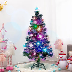 3ft to 7ft Pre-Lit Artificial Christmas Tree, Lighted Optical Fiber Xmas Trees with RGB Color Changing LED Lights, Snowflakes & Top Star, Festive Party Holiday Fake Multicolored Tree with Metal Legs