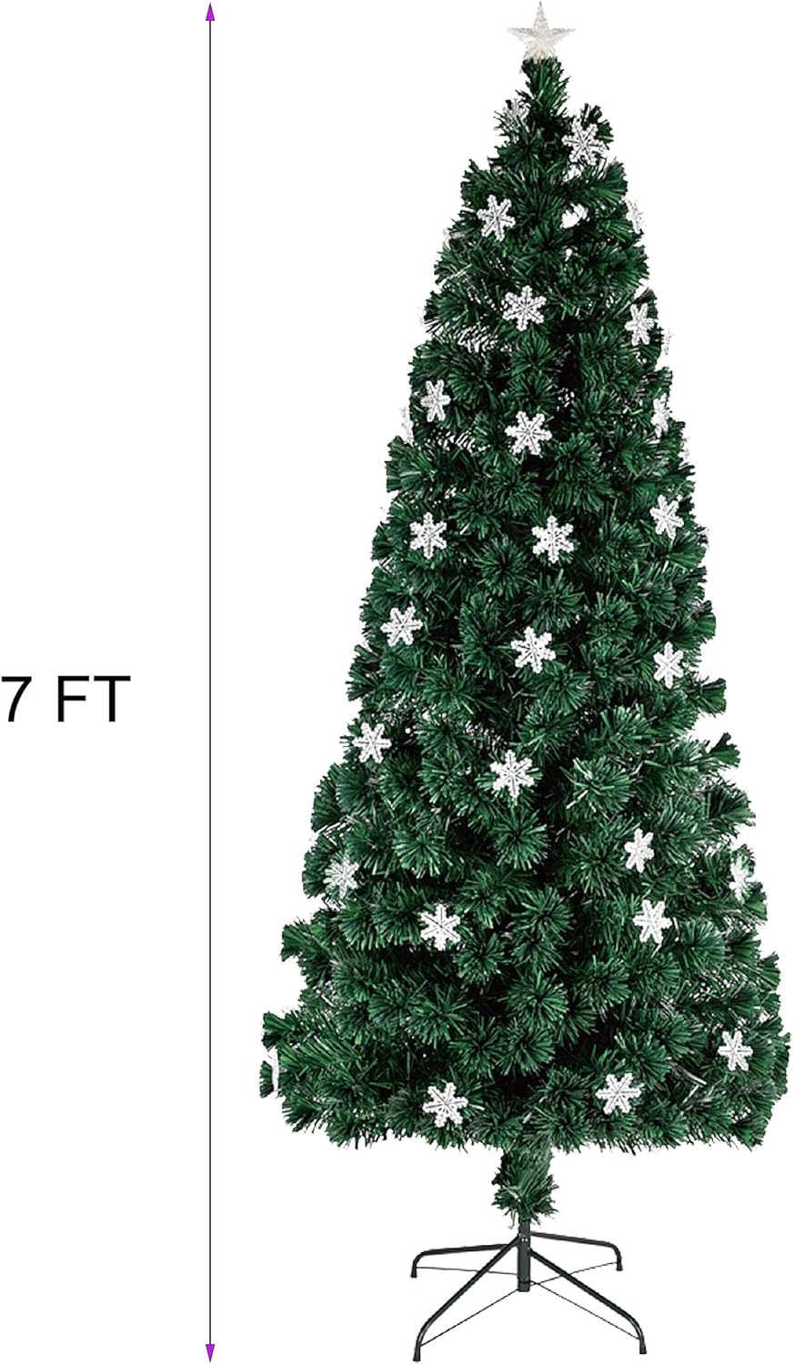 3ft to 7ft Pre-Lit Artificial Christmas Tree, Lighted Optical Fiber Xmas Trees with RGB Color Changing LED Lights, Snowflakes & Top Star, Festive Party Holiday Fake Multicolored Tree with Metal Legs