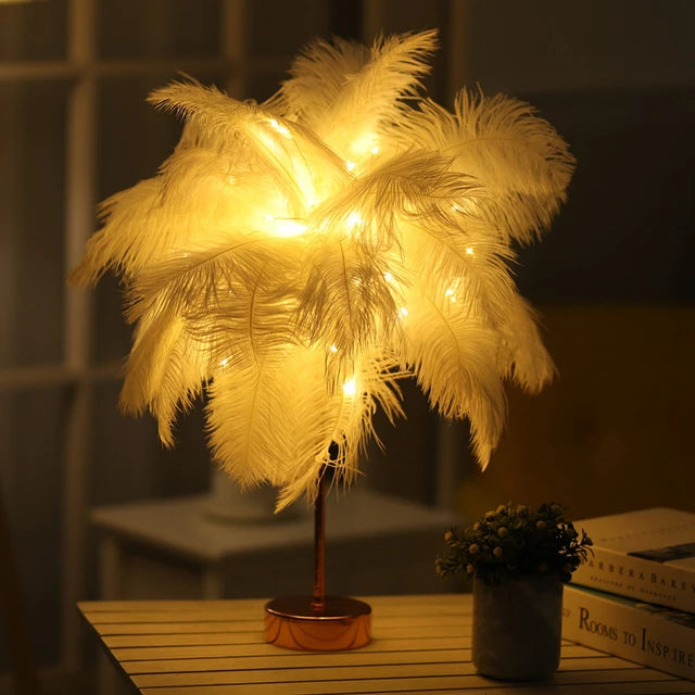 LED Remote Control Feather Table Lamp USB Power Warm Light Tree Feather Lampshade Wedding Home Bedroom Dinner Party Home Decor