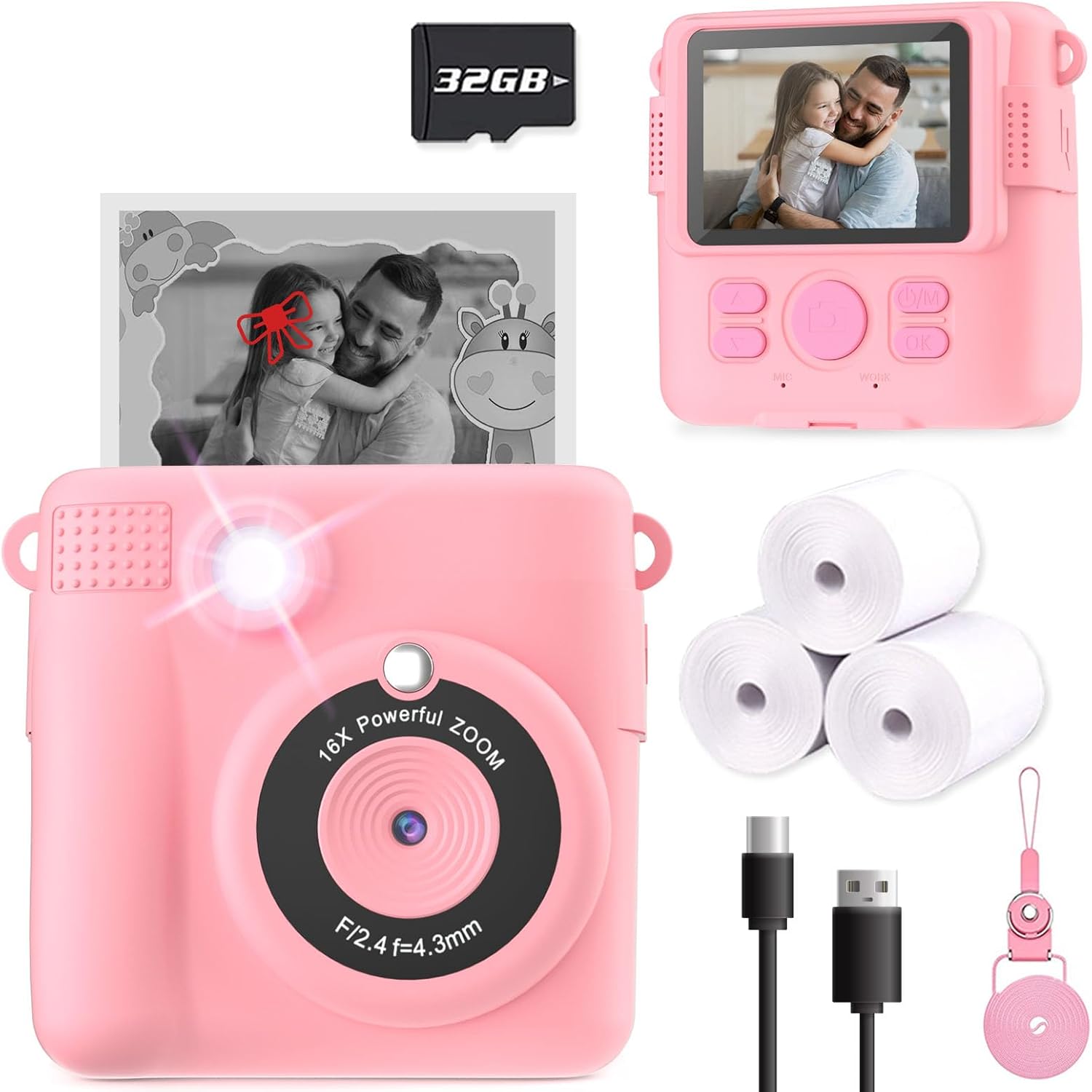 Kids Camera Instant Print, Selfie Digital Camera with 1080P Videos