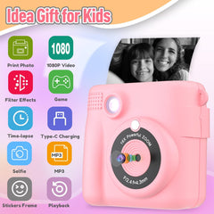 Kids Camera Instant Print, Selfie Digital Camera with 1080P Videos