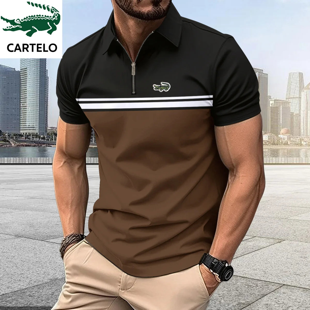 Men's Belt Contrast Color Embroidery Polo Shirt