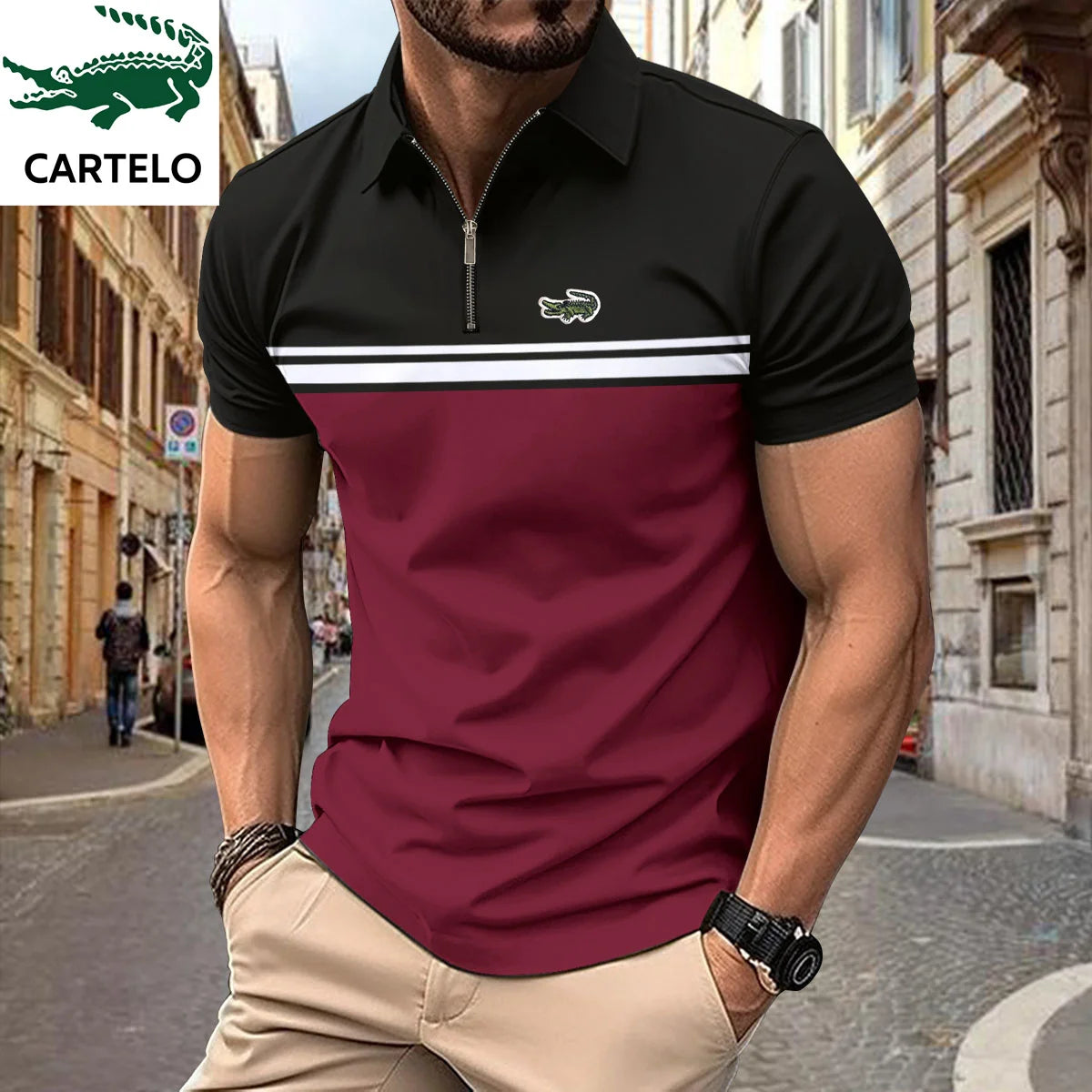 Men's Belt Contrast Color Embroidery Polo Shirt