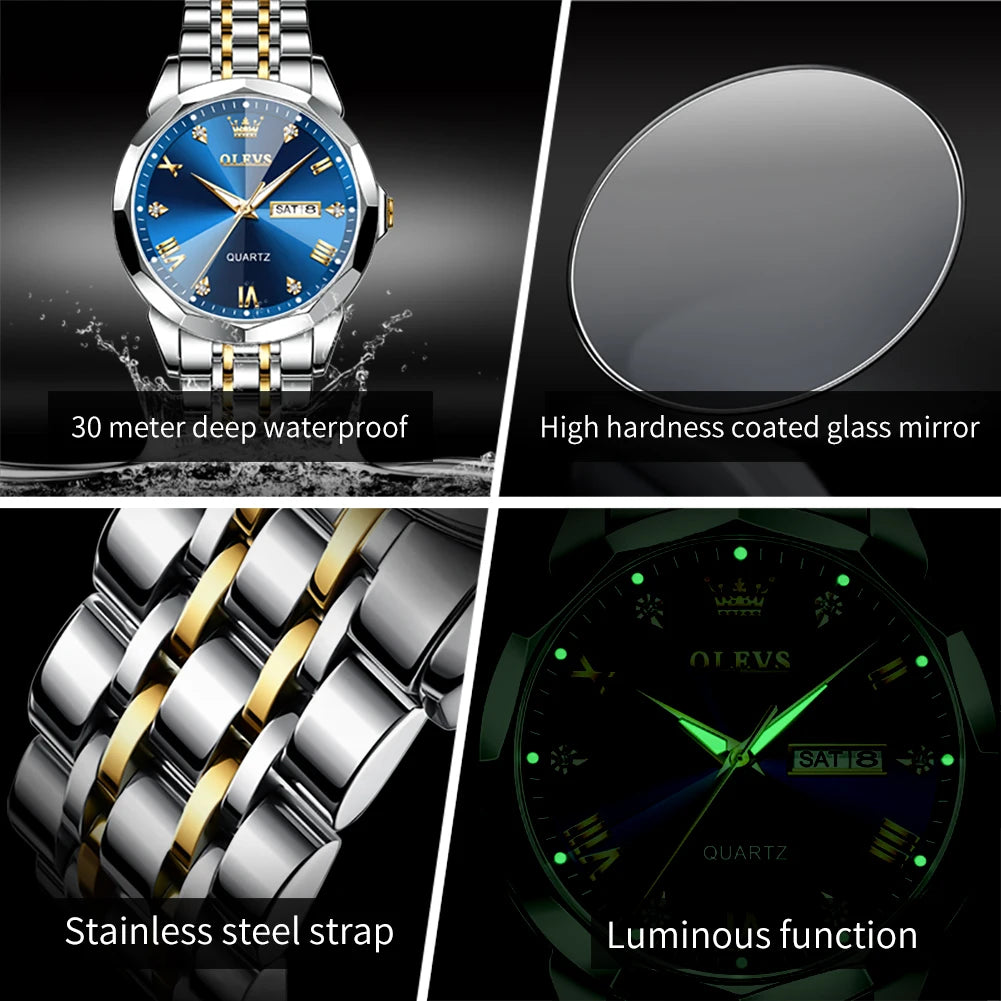 Male Rhombus Mirror Original Quartz Waterproof Luminous Stainless Steel Wristwatch Watch