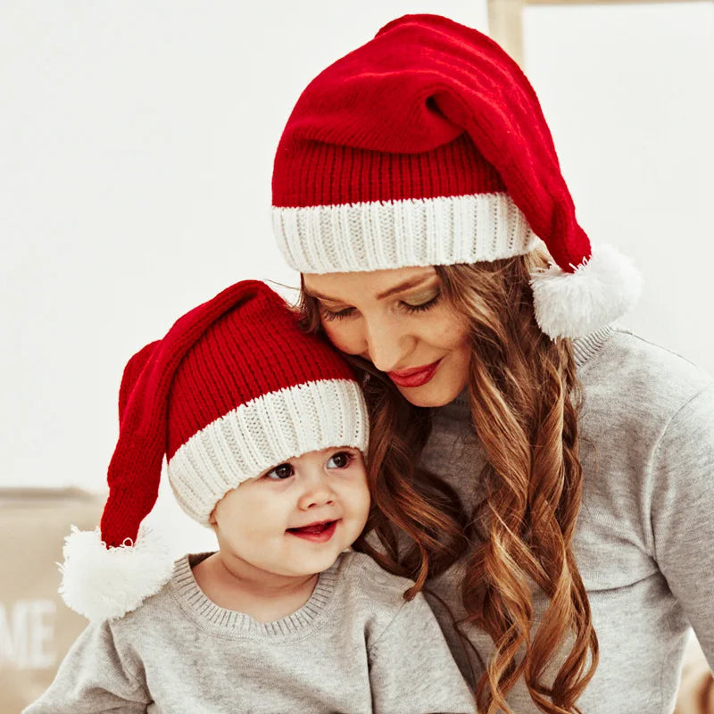 Knitted Christmas Hat Cute Pompom Adult Child Soft Beanie Santa Cap New Year Party Kids Gift Navidad Natal Noel Decoration