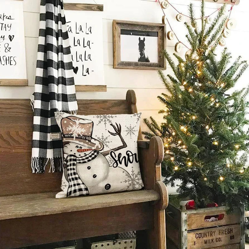 Linen Christmas Pillow Cover Snowman Elk Pillow Case for Home New Year Sofa Car Cushion Cover 45x45cm