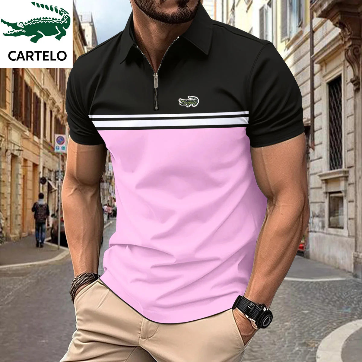 Polo brodé de couleur contrastée avec ceinture pour hommes 