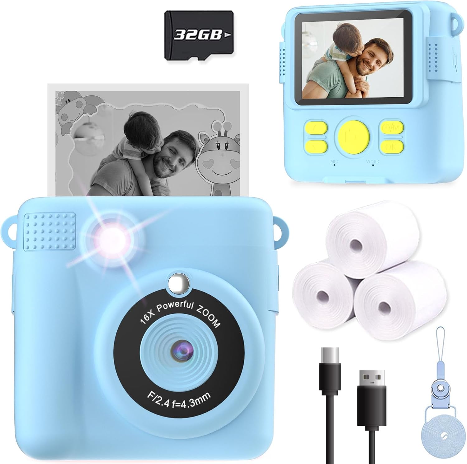 Kids Camera Instant Print, Selfie Digital Camera with 1080P Videos