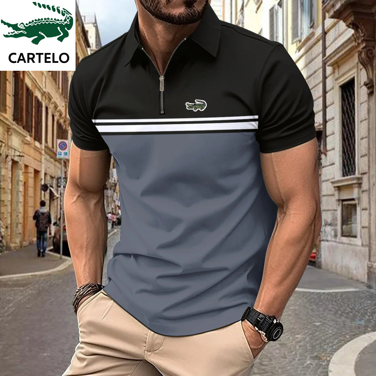 Polo brodé de couleur contrastée avec ceinture pour hommes 