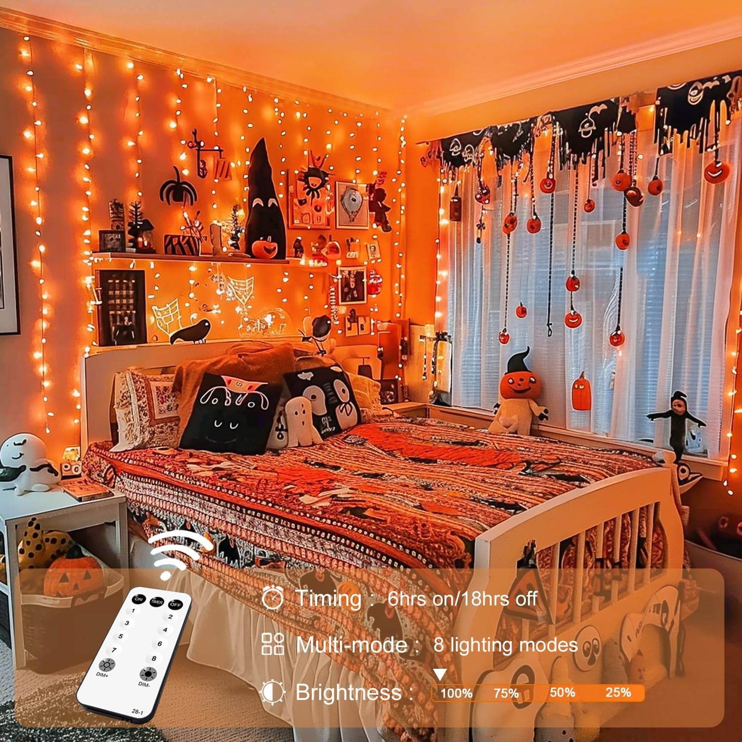 300LED Halloween Curtain Lights with Remote, 8 Modes Orange Hanging String Lights Plug in for Fall Bedroom Party Halloween Decor, 9.8X9.8Ft