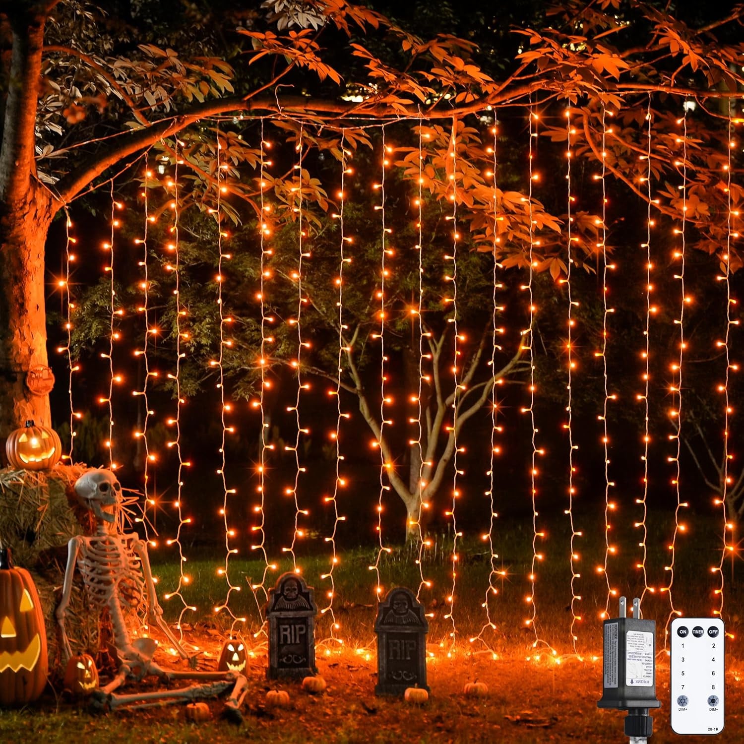 300LED Halloween Curtain Lights with Remote, 8 Modes Orange Hanging String Lights Plug in for Fall Bedroom Party Halloween Decor, 9.8X9.8Ft