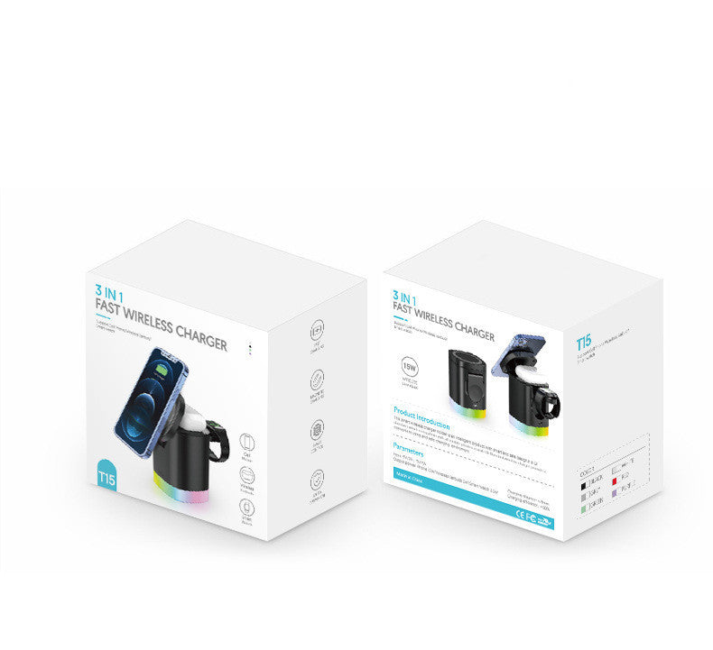 Chargeur rapide magnétique sans fil 3 en 1, pour smartphone, Station de charge à lumière ambiante RGB, pour Airpods IWatch