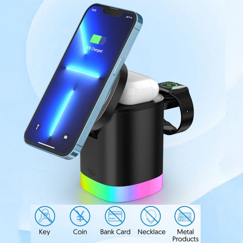 Chargeur rapide magnétique sans fil 3 en 1, pour smartphone, Station de charge à lumière ambiante RGB, pour Airpods IWatch