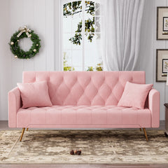 Velvet Futon Sofa Bed with 2 Pillows, Variable Bed Sofa Multifunctional Folding Sofa, 3 Position Adjustable Backrest Convertible Sleeper Sofa Couch for Living Room(Pink)