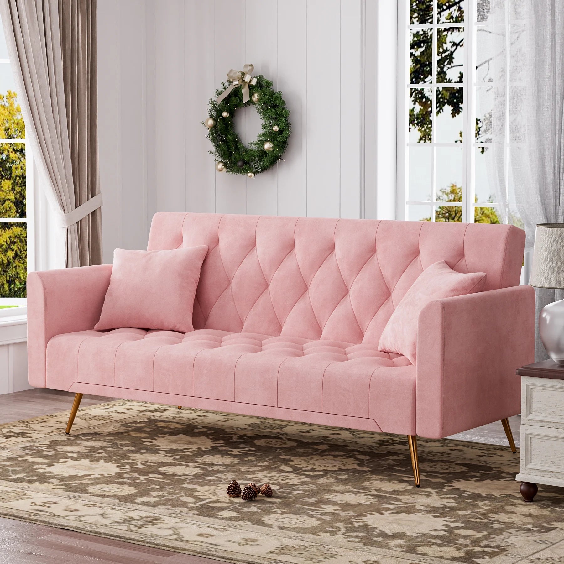 Velvet Futon Sofa Bed with 2 Pillows, Variable Bed Sofa Multifunctional Folding Sofa, 3 Position Adjustable Backrest Convertible Sleeper Sofa Couch for Living Room(Pink)