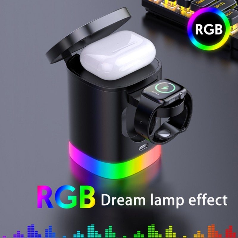 3 in 1 magnetisches kabelloses Schnellladegerät für Smartphones, RGB-Umgebungslicht-Ladestation für Airpods IWatch