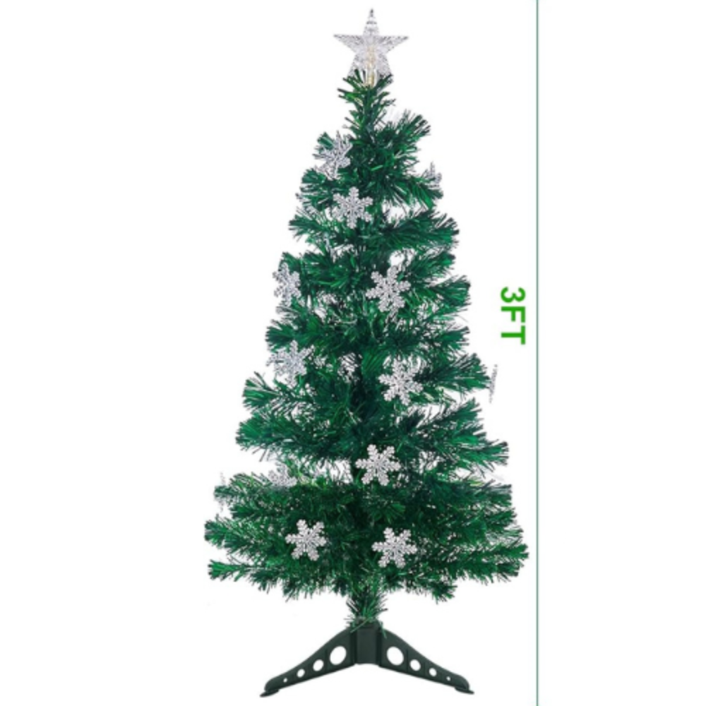 3ft to 7ft Pre-Lit Artificial Christmas Tree, Lighted Optical Fiber Xmas Trees with RGB Color Changing LED Lights, Snowflakes & Top Star, Festive Party Holiday Fake Multicolored Tree with Metal Legs