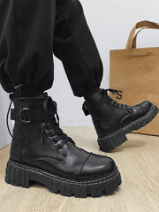 Men Metal Decor Lace-up Front Combat Boots Pu Warm Plush Lining Boots